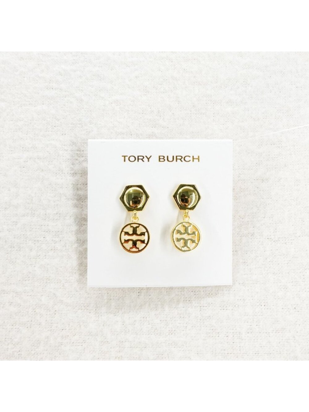 Tory Burch Hexagon Circle Logo Drop Earrings Gold OS - Picture 7 of 7